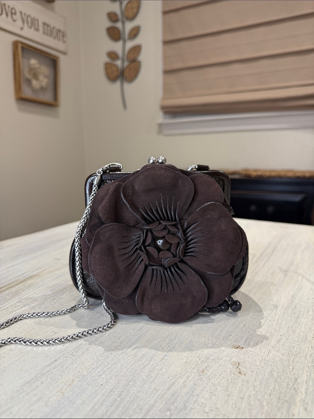 Brighton Rosalie Dark Brown Suede/Patent Leather Floral Mini Kiss-lock Crossbody